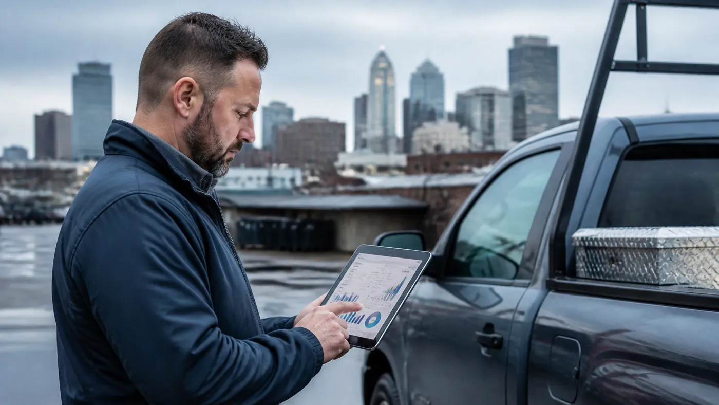 Birmingham service business owner reviewing a live financial dashboard beside a work truck