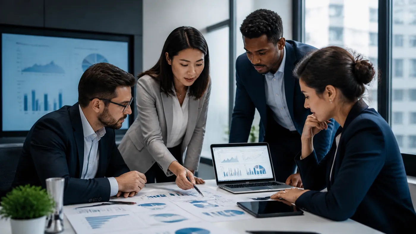 A collaborative team analyzing financial reports and strategizing for business growth