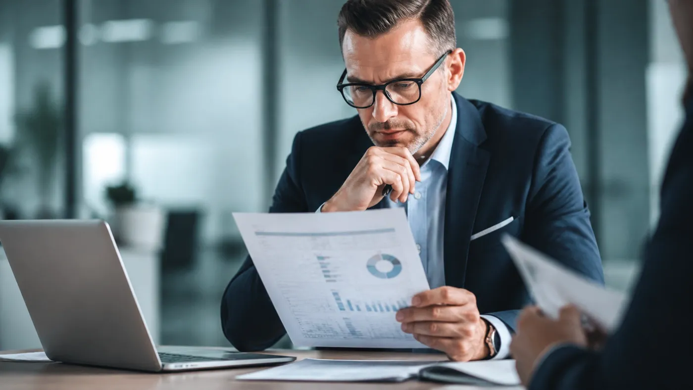 A business professional carefully reviewing detailed financial reports during a strategic meeting
