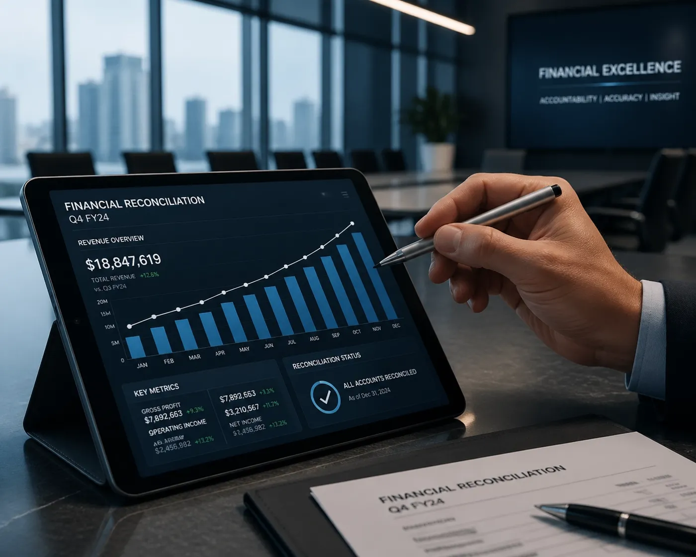 Close-up of a tablet screen showing organized financial graphs during a bank statement reconciliation.