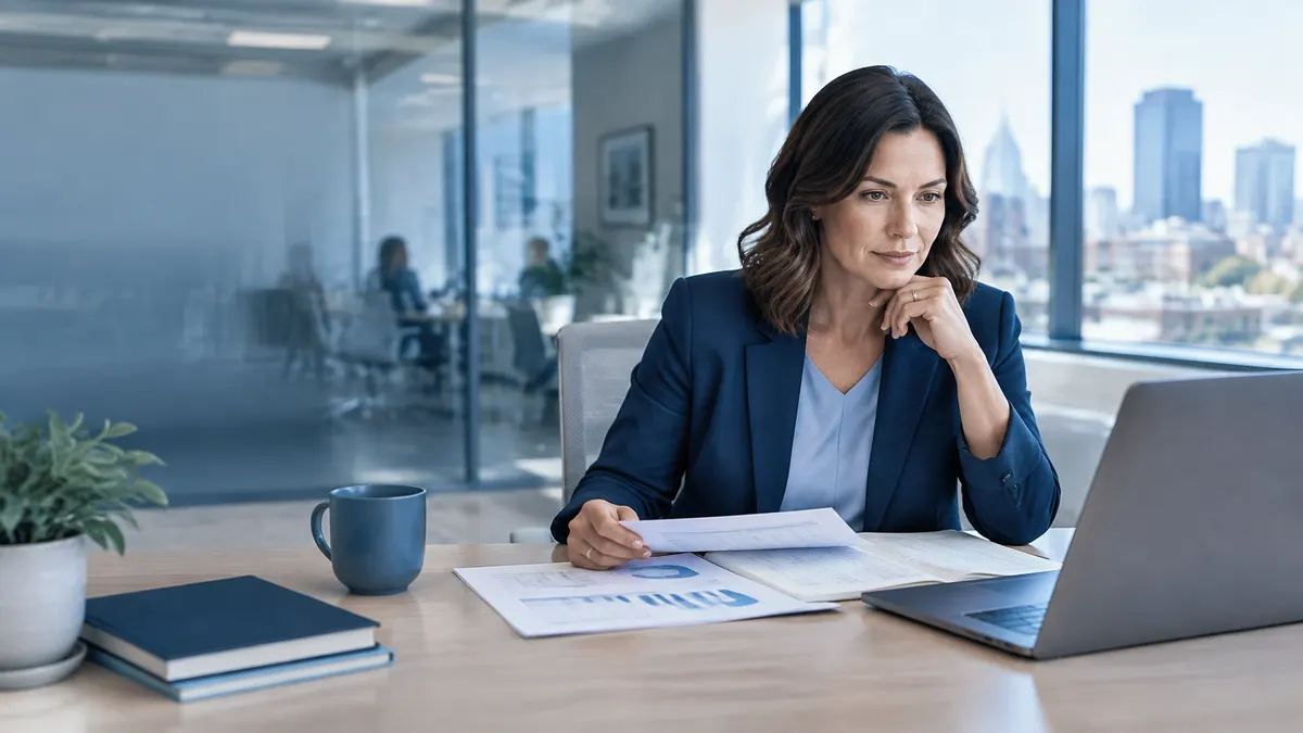 Birmingham small-business owner reviewing financial reports at a modern office desk