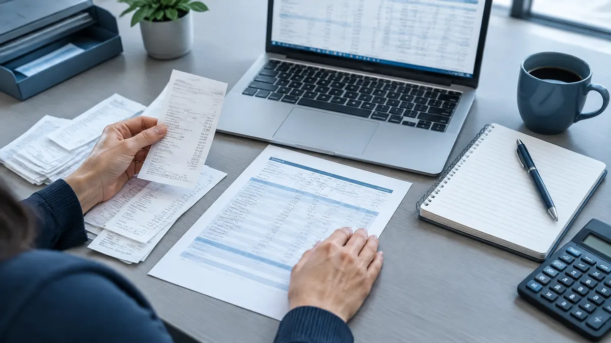 Bookkeeping work with receipts, a bank statement and a laptop on an office desk