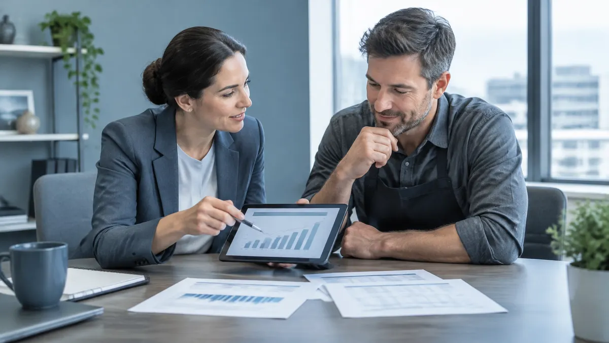 Small-business owner and financial professional reviewing reports together