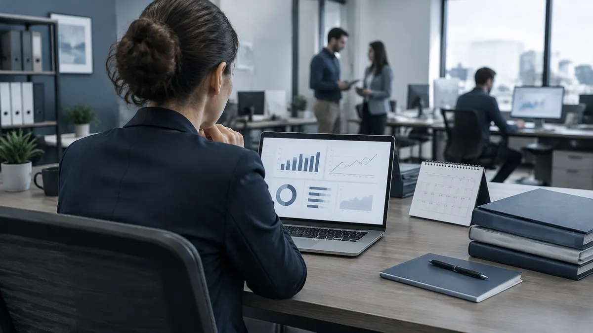 Business owner reviewing a simple dashboard and organized financial folders