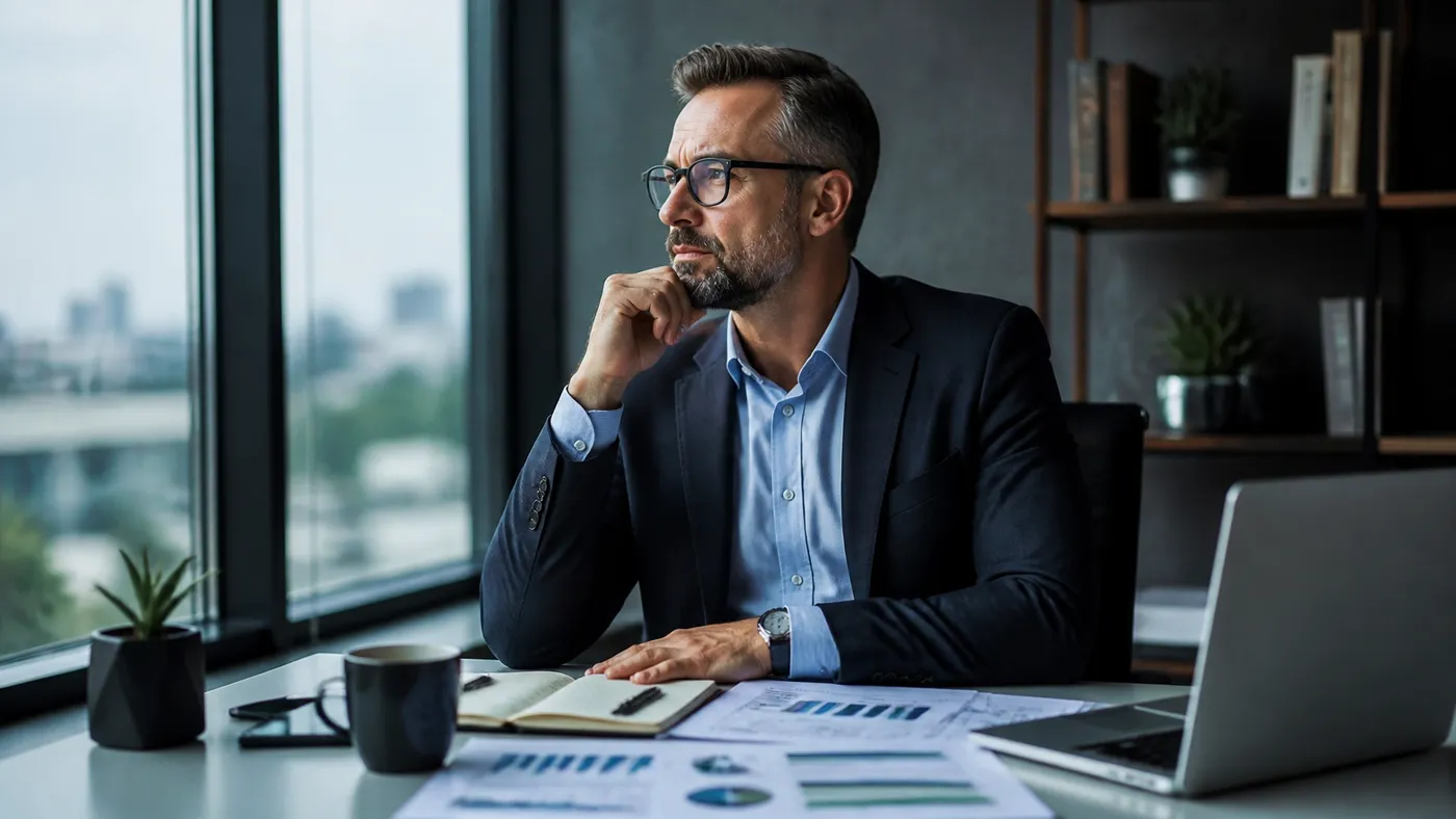A business professional reflecting on financial strategy and proactive insights