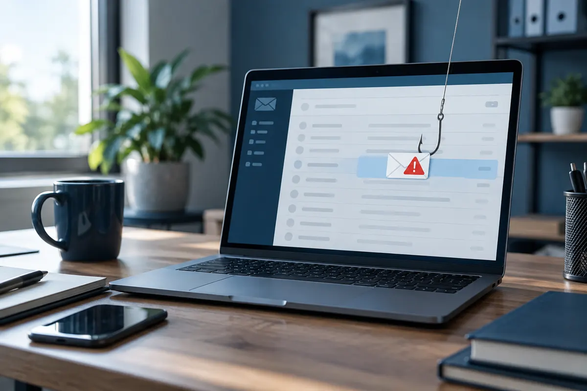 Laptop showing an email inbox with a suspicious fake QuickBooks support email flagged as phishing