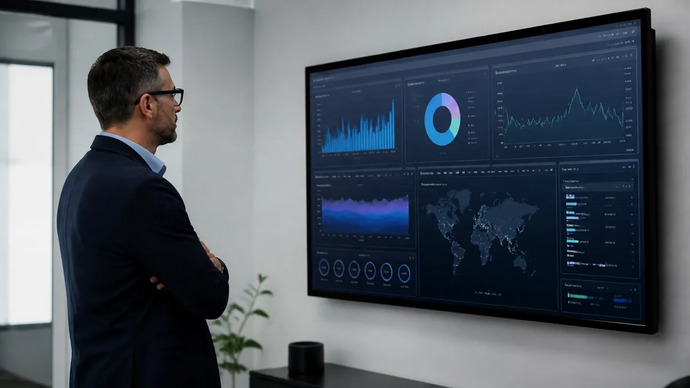 Field-service manager checking a live financial dashboard with cash-flow metrics