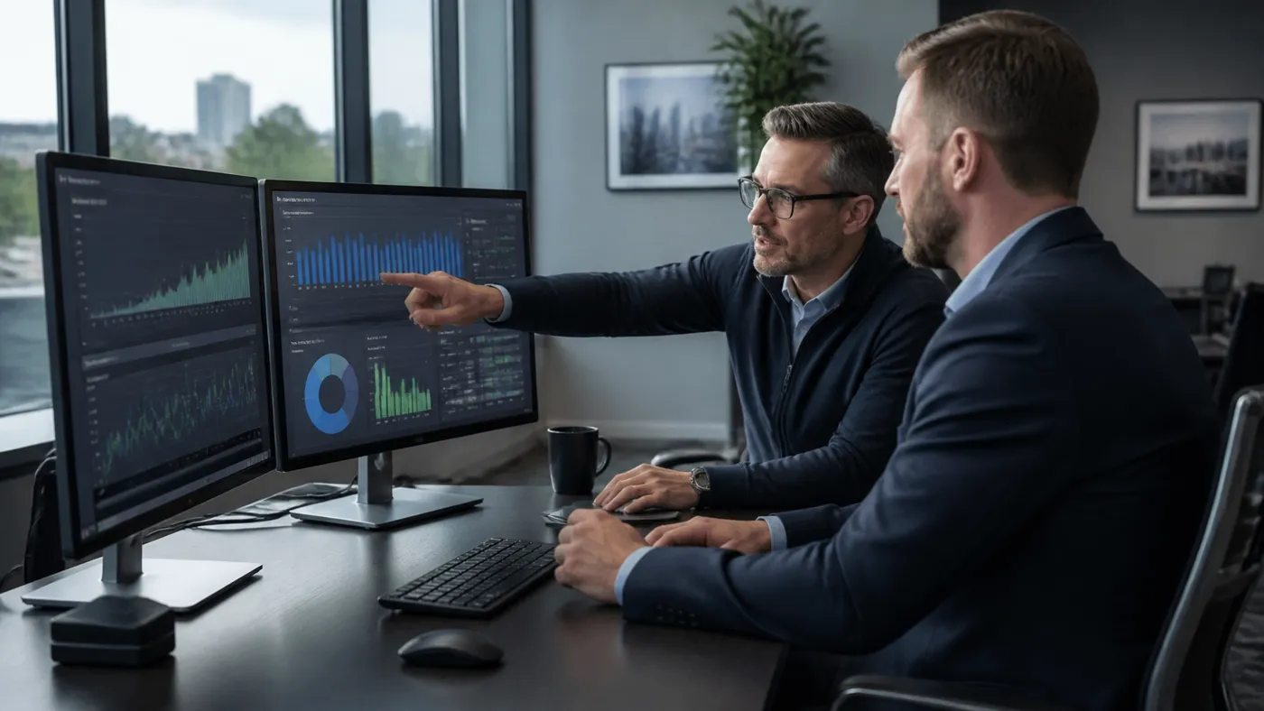 Business owner and advisor reviewing real-time cash-flow reports in a conference room