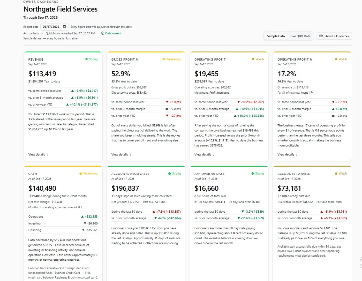 Full Owner Dashboard showing revenue, gross profit, operating profit, cash, receivables and payables